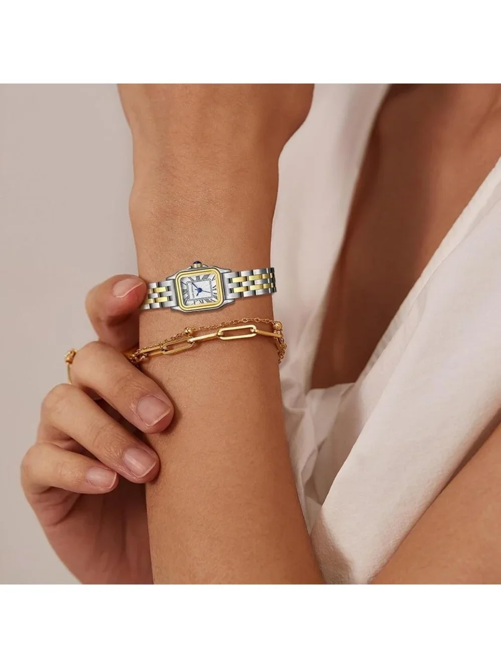 Women's Golden Silver with Golden Chain Vintage Rectangular Case Wrist Watches
